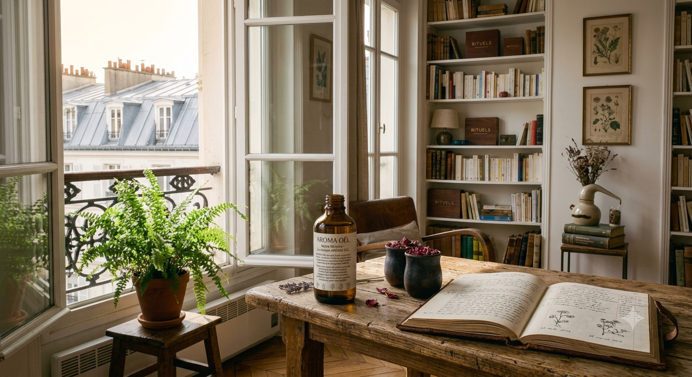 Atelier AROMA OËL, flacons et matières naturelles en lumière douce