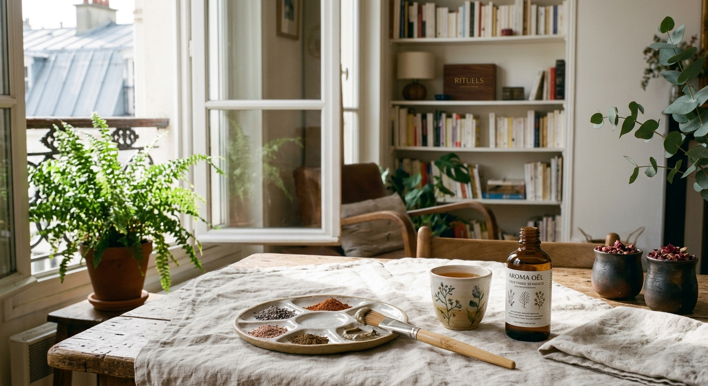 Mains versant quelques gouttes d'huile AROMA OËL, geste de rituel naturel